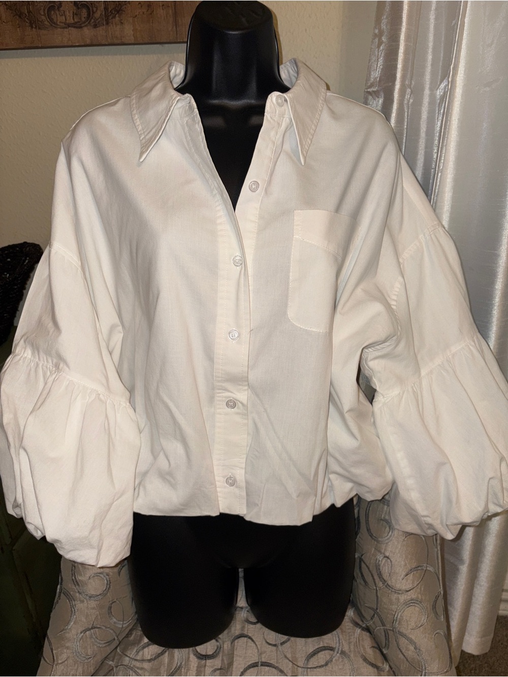 Balloon Sleeve White Button Down Blouse